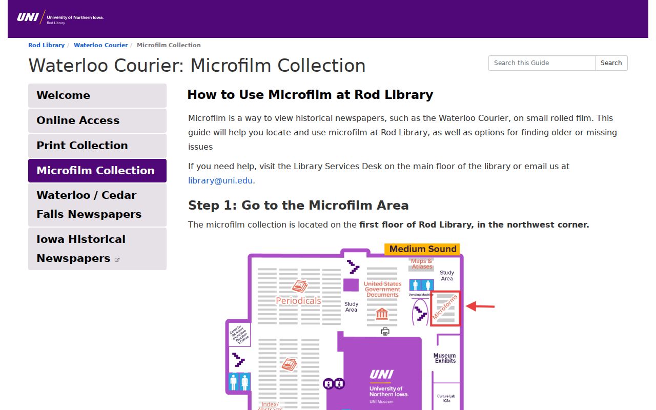 UNI Waterloo Courier microfilm instructions for checking directory names
