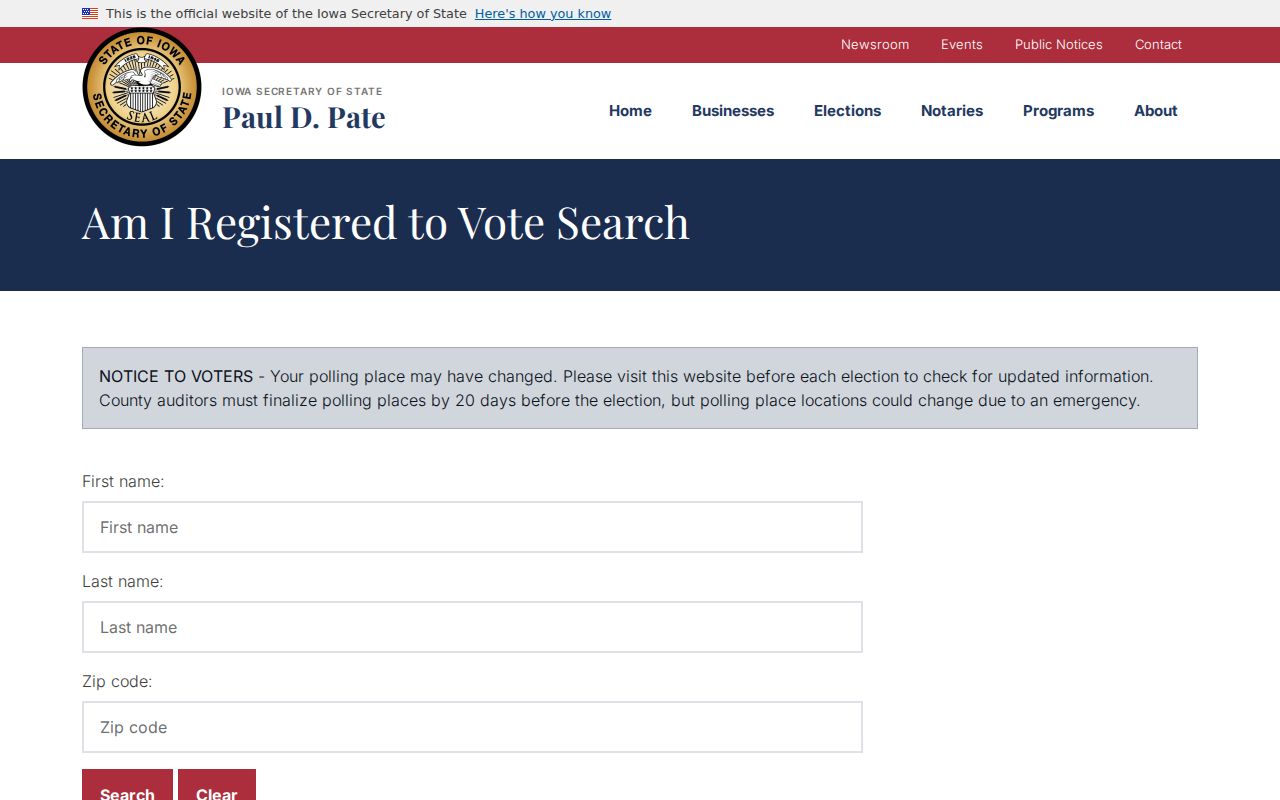Iowa voter lookup fields for a Waterloo registration