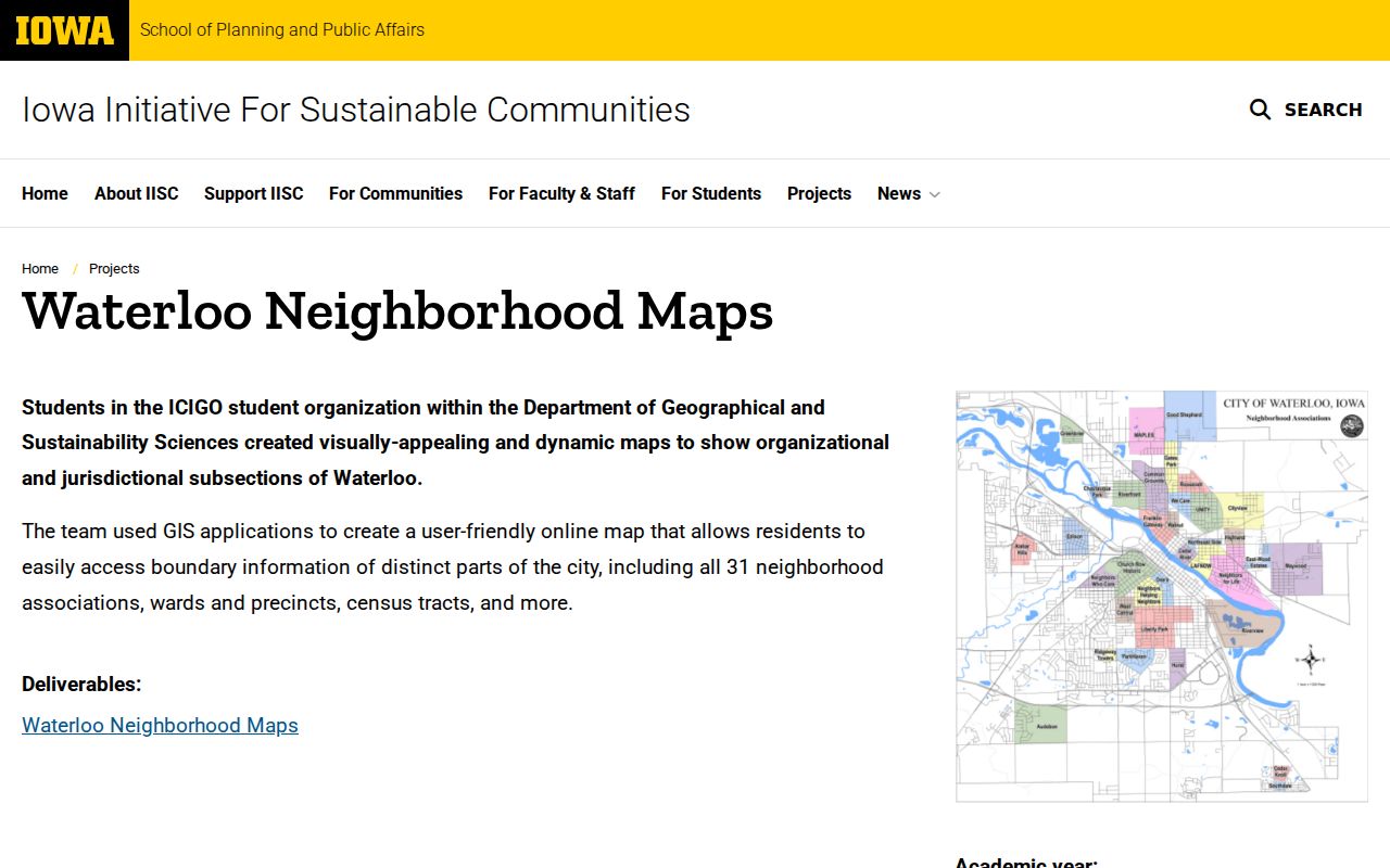 University of Iowa Waterloo neighborhood maps project showing association geography