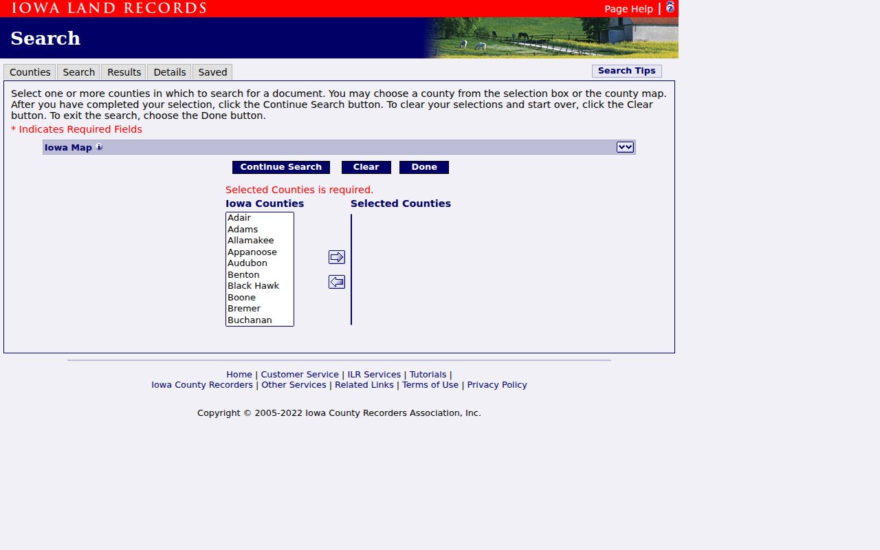 Iowa Land Records county selector for Black Hawk deed research