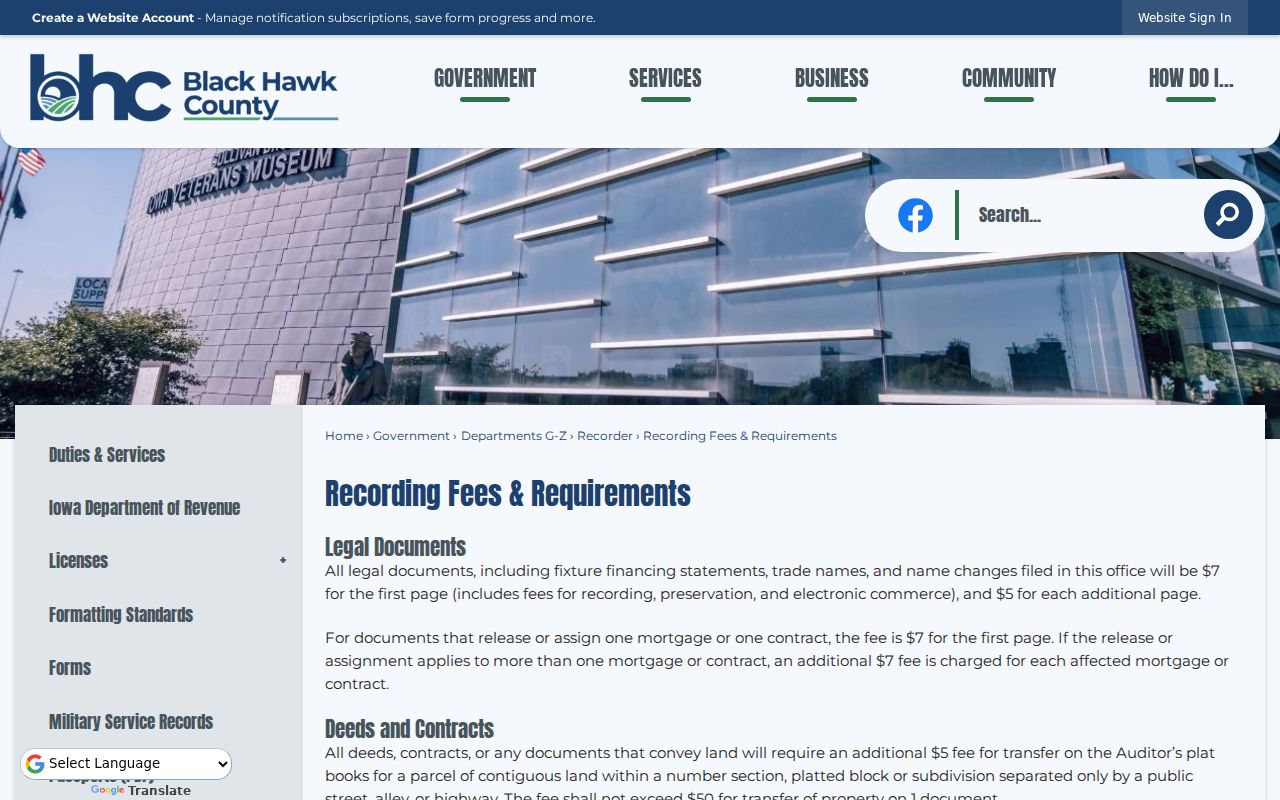 Black Hawk County Recorder fees and requirements for historical deed copies