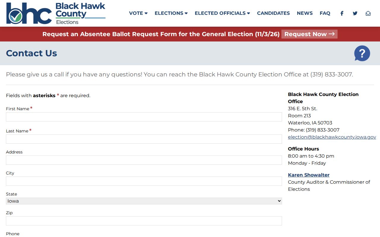 Black Hawk County Elections contact page for Waterloo voter record questions
