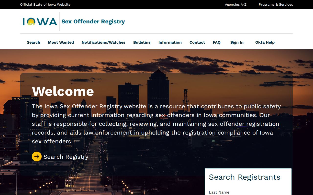 Iowa Sex Offender Registry search modes and public-use warning