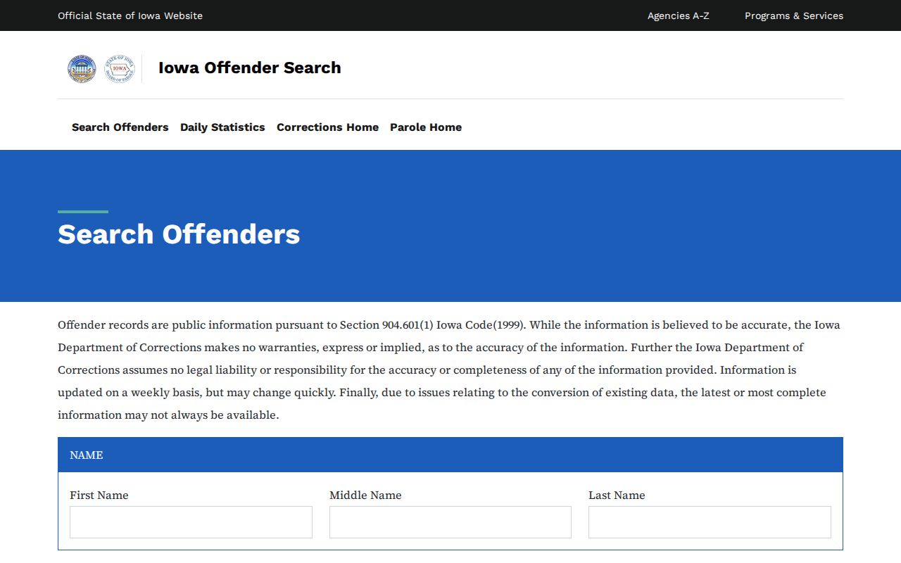 Iowa Department of Corrections offender search entry for dated public records