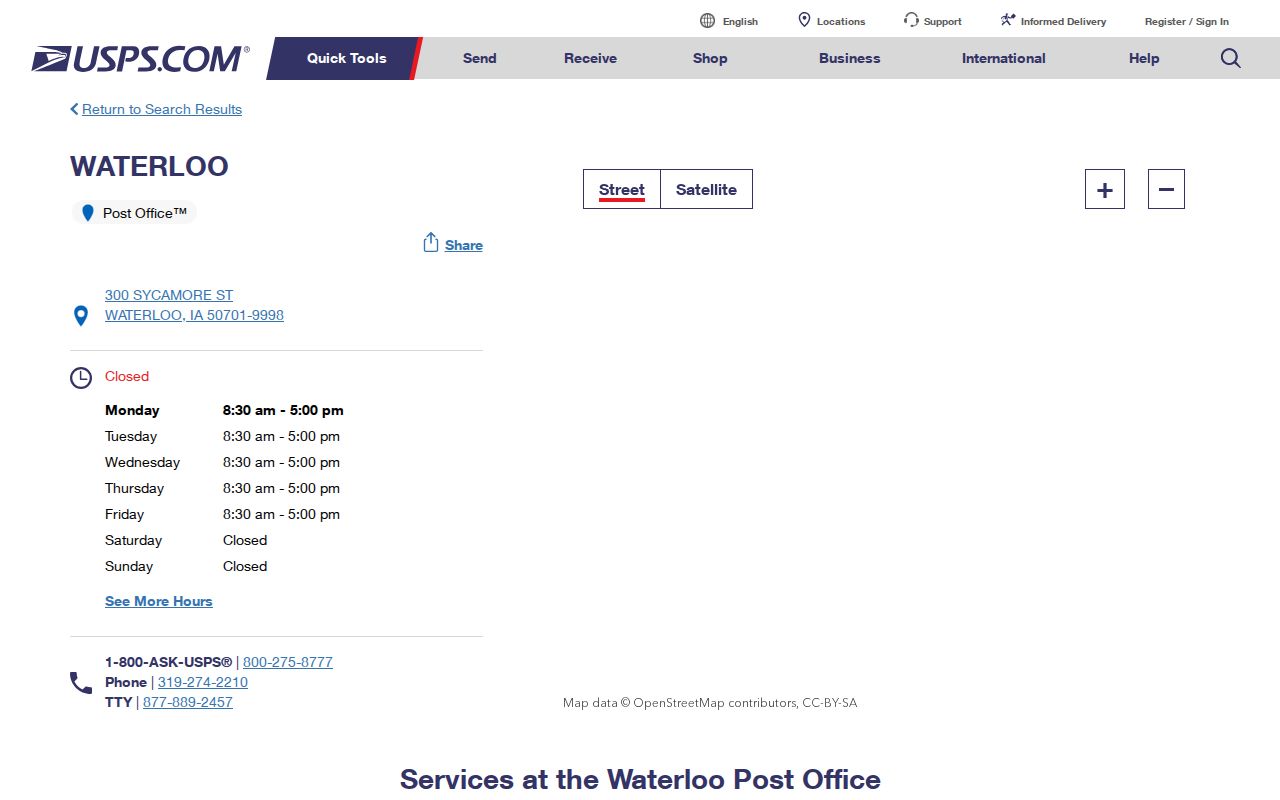 USPS Waterloo Post Office location details for ZIP code research
