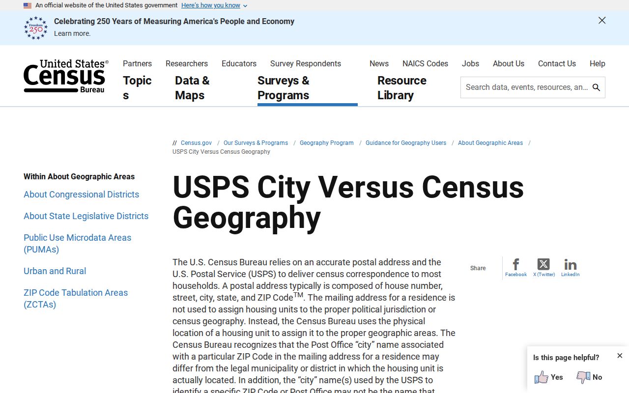 Census guidance comparing Waterloo postal geography with legal city boundaries
